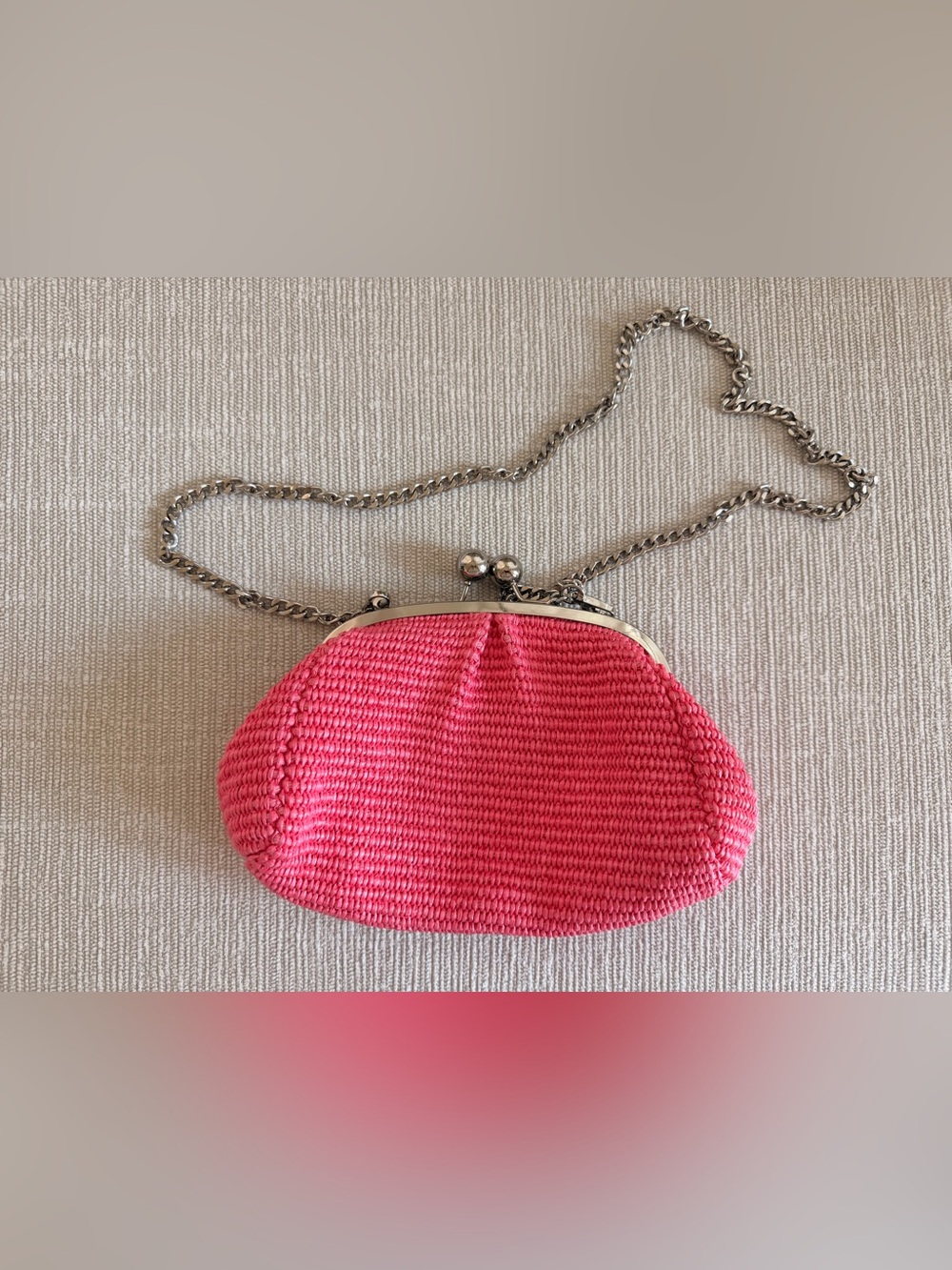 Leather bubblegum Pink Woven Kiss-Lock Crossbody Bag with silver chain
